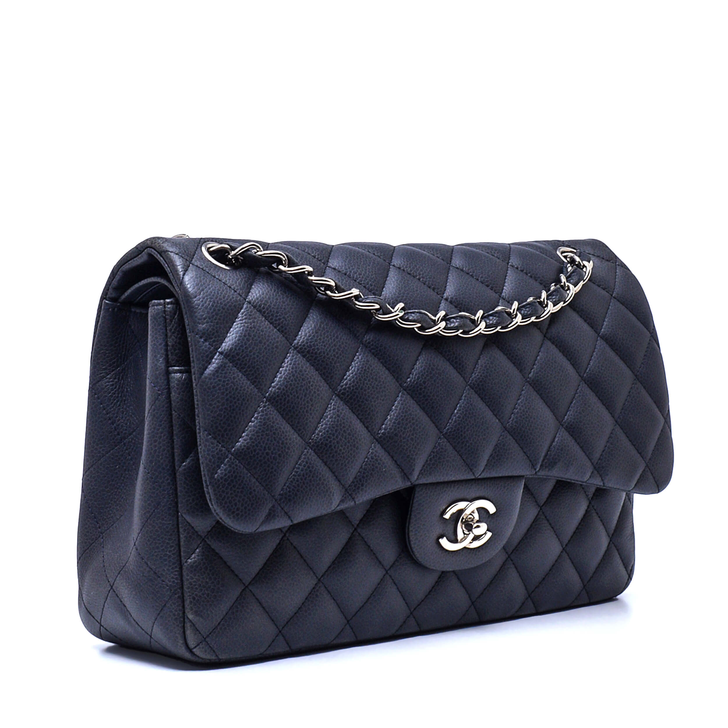 Chanel - Anthracite Jumbo Quilted Caviar Leather Double Flap Bag